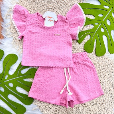Conj. Blusa Mangas Maiores Crochê e Short - Rosa